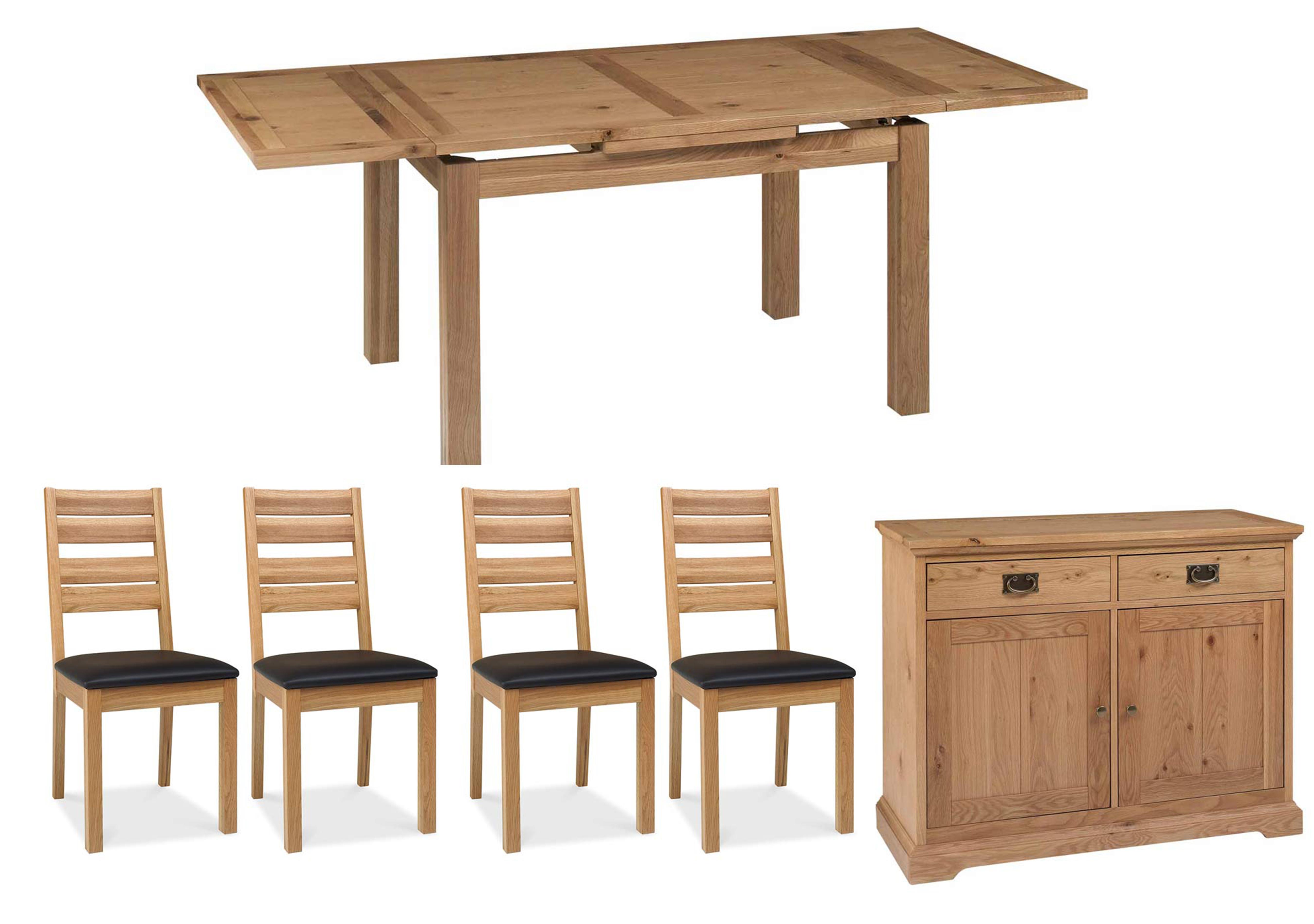 Compton Oak Extending Dining Table with 4 Slatted Chairs and Sideboard